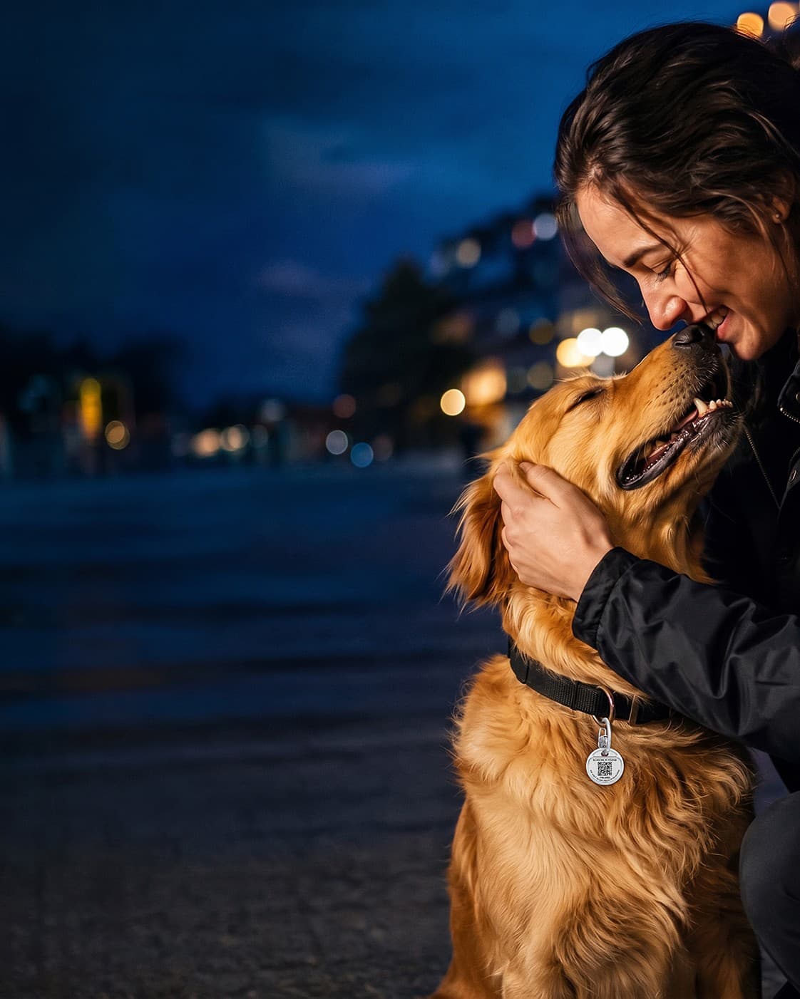 A dog wearing a Never Lost Tech QR tag on its collar, out with its owner at dusk
